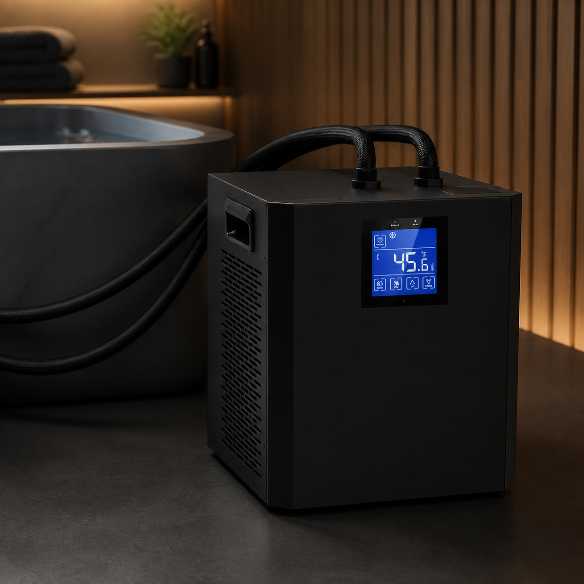 Caldrune ice bath chiller in a premium recovery studio