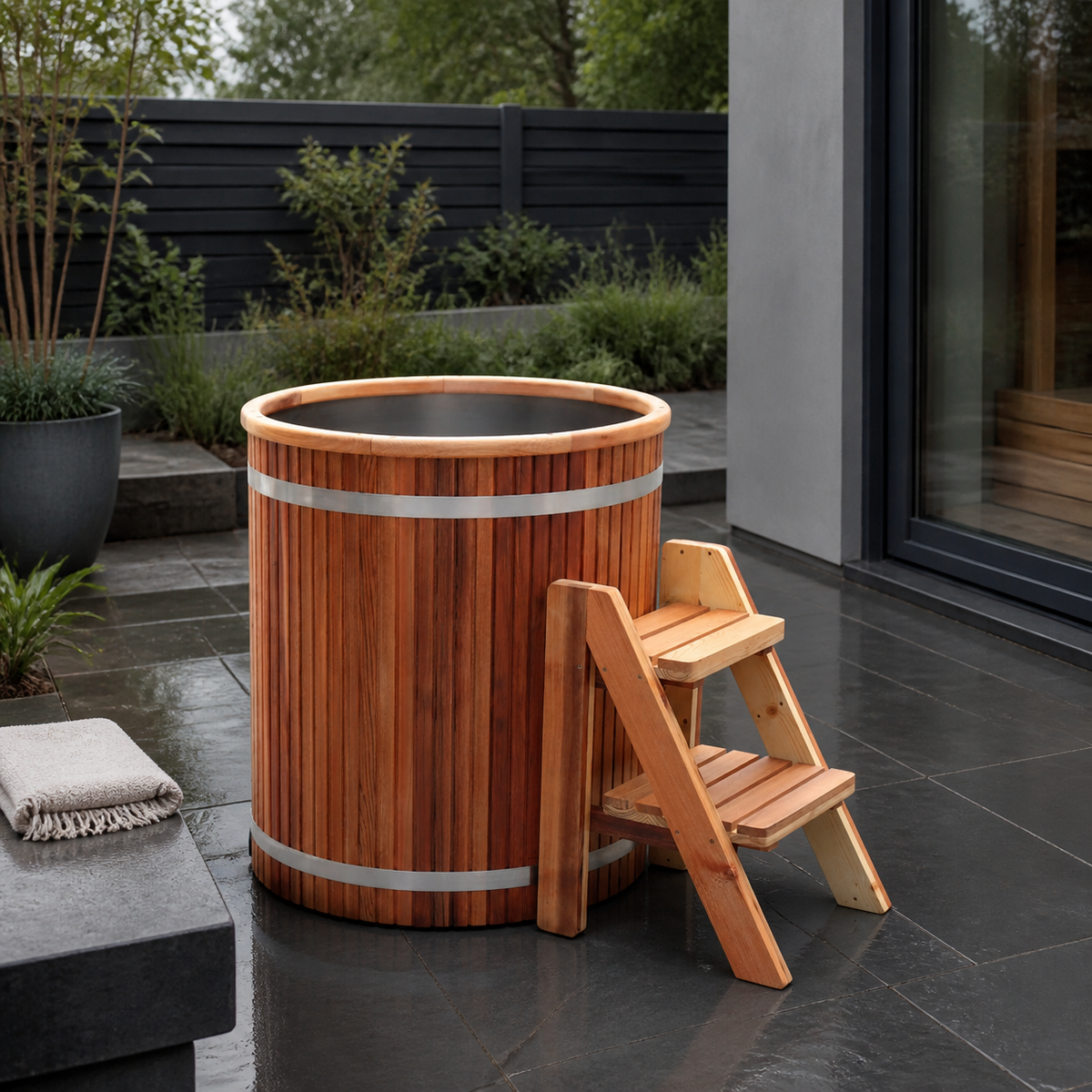 Caldrune wooden cold plunge in a contemporary garden wellness setting