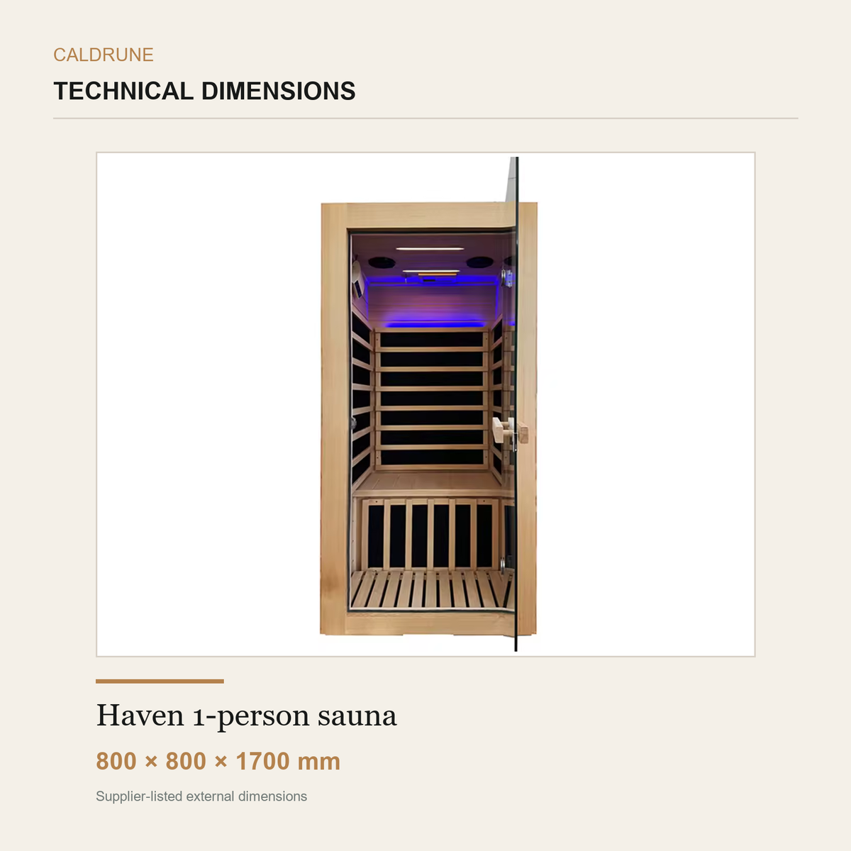 Caldrune Haven one-person sauna supplier-listed dimensions: 800 by 800 by 1700 millimetres