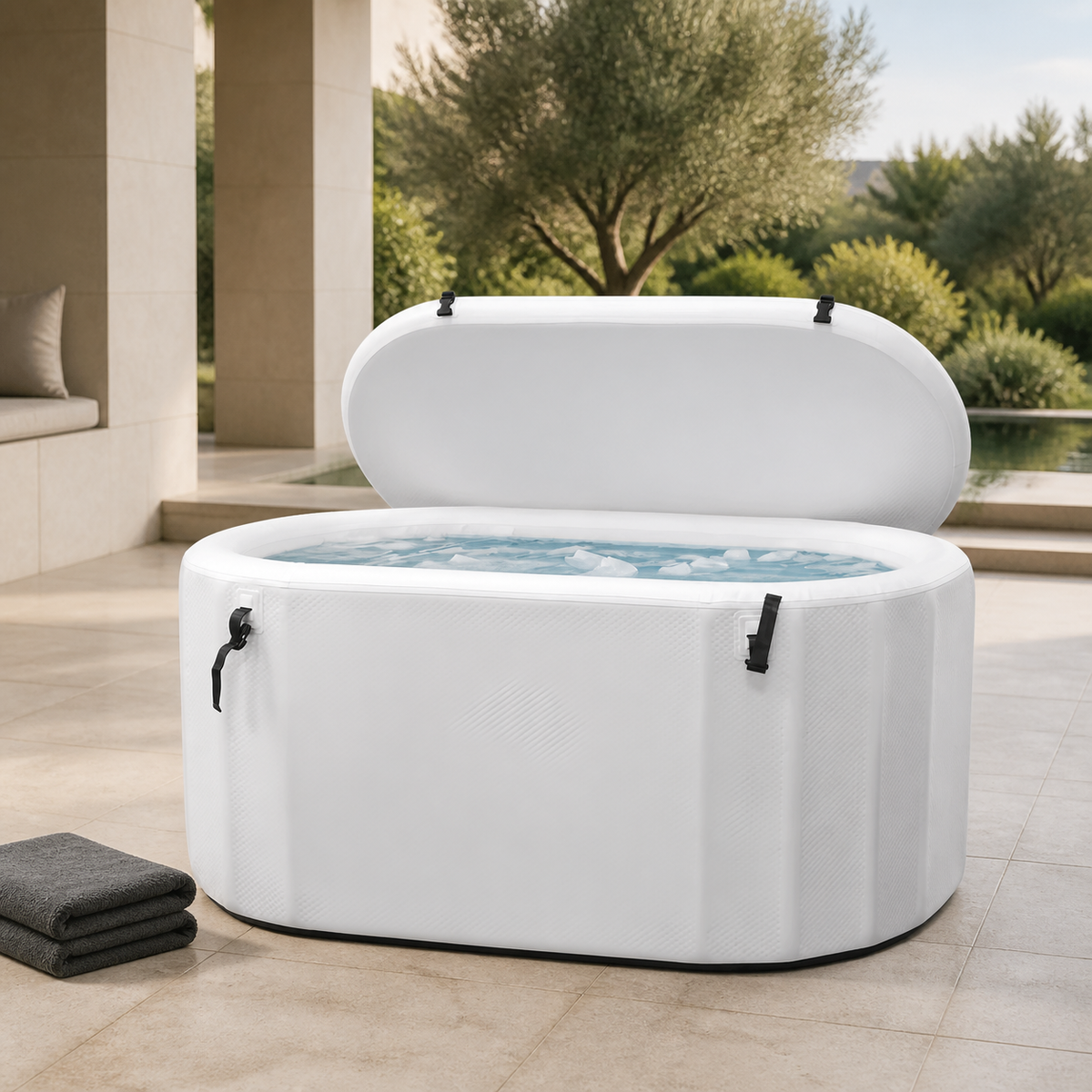 Caldrune inflatable ice bath in a premium home recovery setting