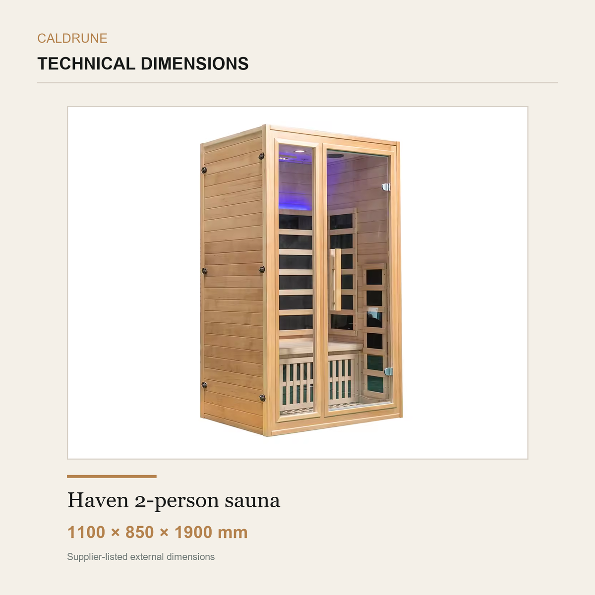 Caldrune Haven two-person sauna supplier-listed dimensions: 1100 by 850 by 1900 millimetres