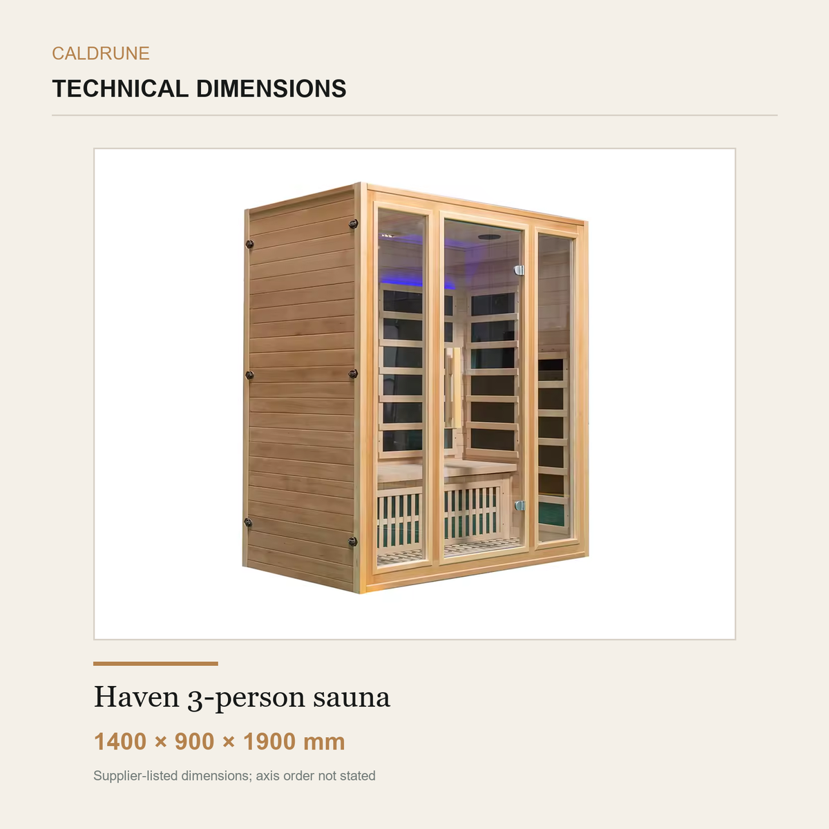 Caldrune Haven three-person sauna supplier-listed dimensions: 1400 by 900 by 1900 millimetres
