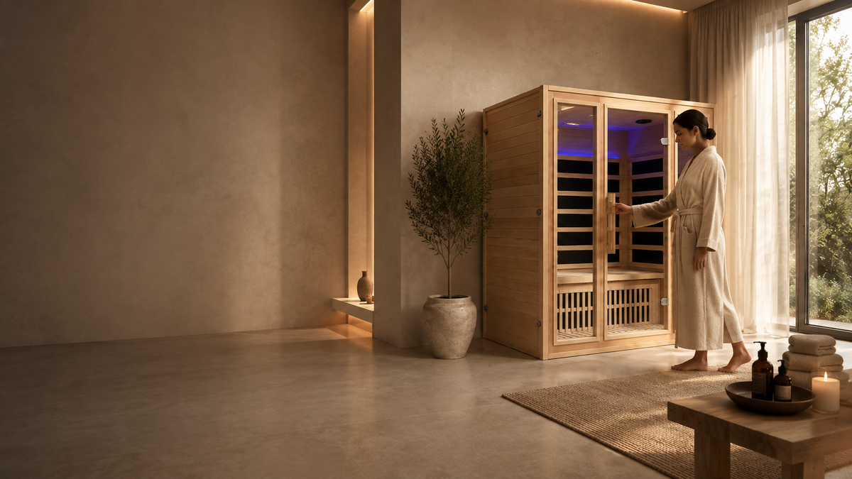 Two-person infrared sauna in a considered home interior
